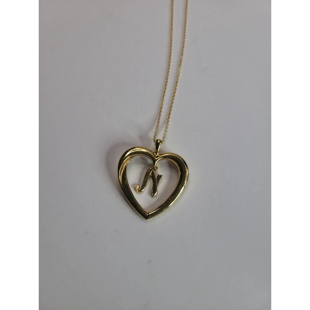 Avon Gold Tone Heart Initial N Pendant Necklace Open Heart Monogram Letter N Cha